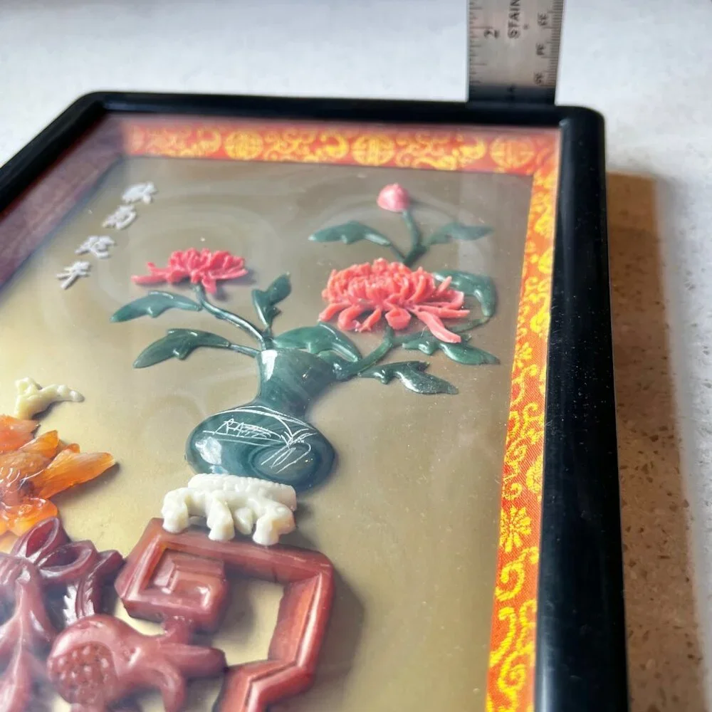Chinese Carved faux Coral & Faux Jade Wall Art With Vase & Fish Design In Black - Picture 8 of 13